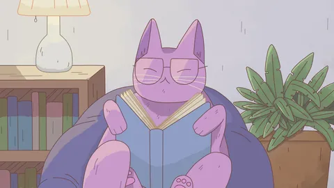 A Good Book lofi phone wallpaper by Purrple Cat: a pink cat in round glasses reads a book in a blue beanbag, next to a lamp, a bookshelf and a house plant