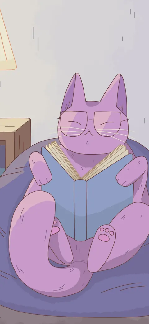 A Good Book lofi phone wallpaper by Purrple Cat: a pink cat in round glasses reads a book in a blue beanbag, next to a lamp, a bookshelf and a house plant