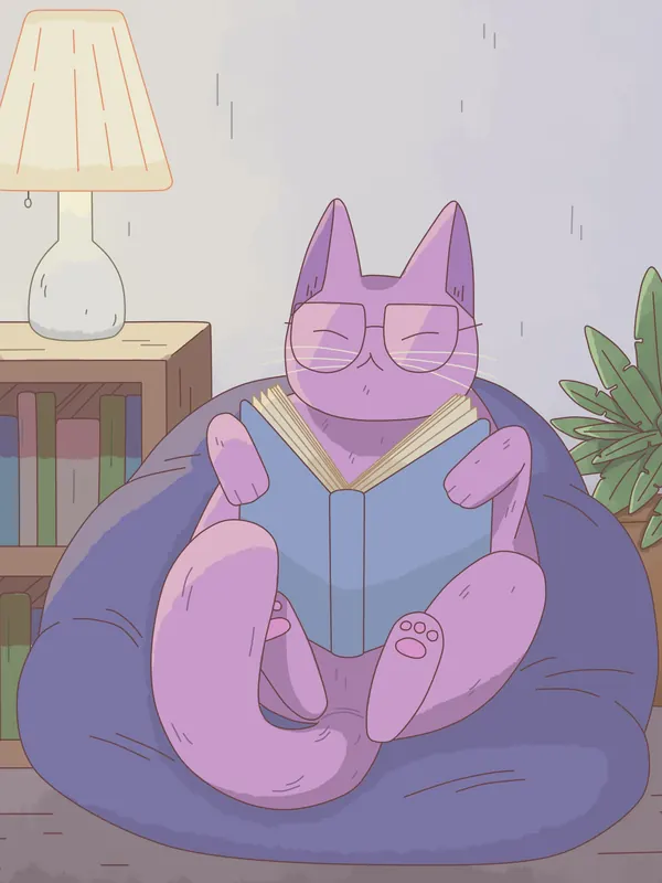A Good Book lofi phone wallpaper by Purrple Cat: a pink cat in round glasses reads a book in a blue beanbag, next to a lamp, a bookshelf and a house plant
