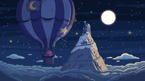 Above the Clouds lofi phone wallpaper by Purrple Cat: a hot air balloon floats past a snowy peak above the clouds, under a full moon and stars