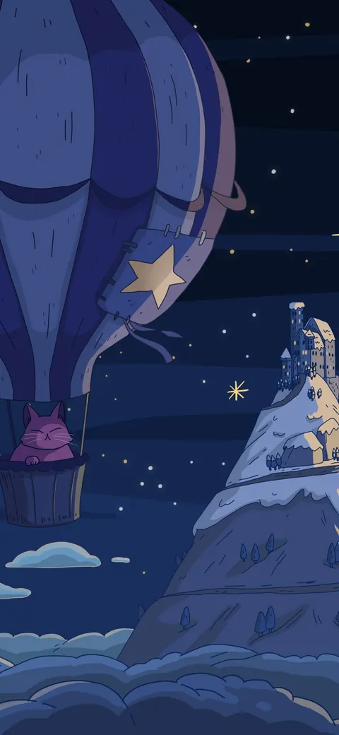 Above the Clouds lofi phone wallpaper by Purrple Cat: a hot air balloon floats past a snowy peak above the clouds, under a full moon and stars