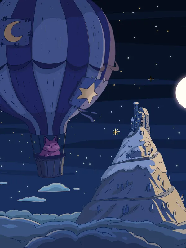 Above the Clouds lofi phone wallpaper by Purrple Cat: a hot air balloon floats past a snowy peak above the clouds, under a full moon and stars