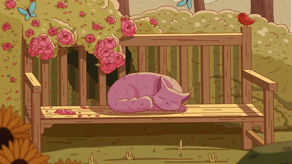 Bloom lofi desktop wallpaper by Purrple Cat: a pink cat naps on a wooden garden bench under roses, sunflowers and birch trees, with butterflies and a robin
