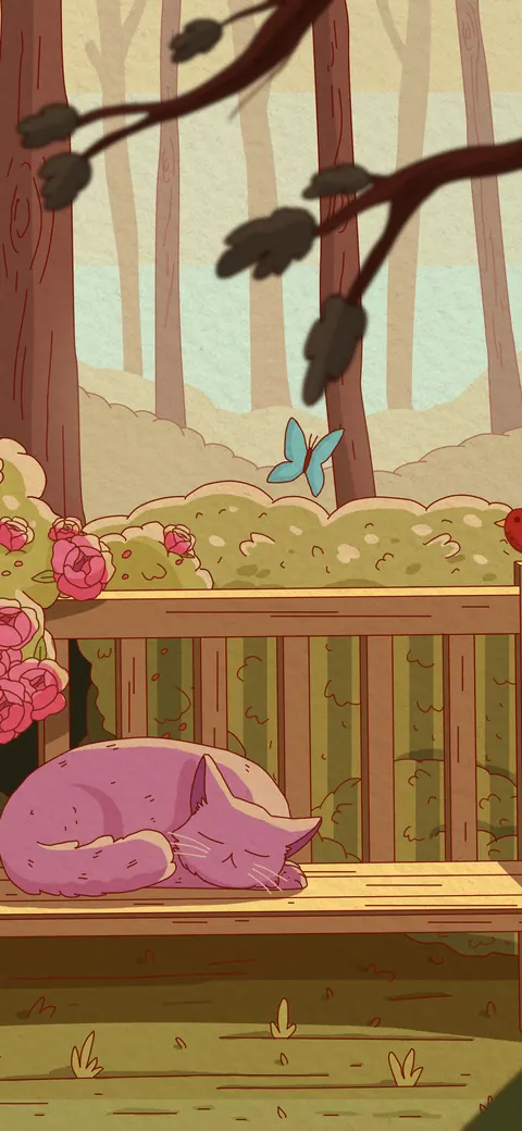 Bloom lofi phone wallpaper by Purrple Cat: a pink cat naps on a wooden garden bench under roses, sunflowers and birch trees, with butterflies and a robin