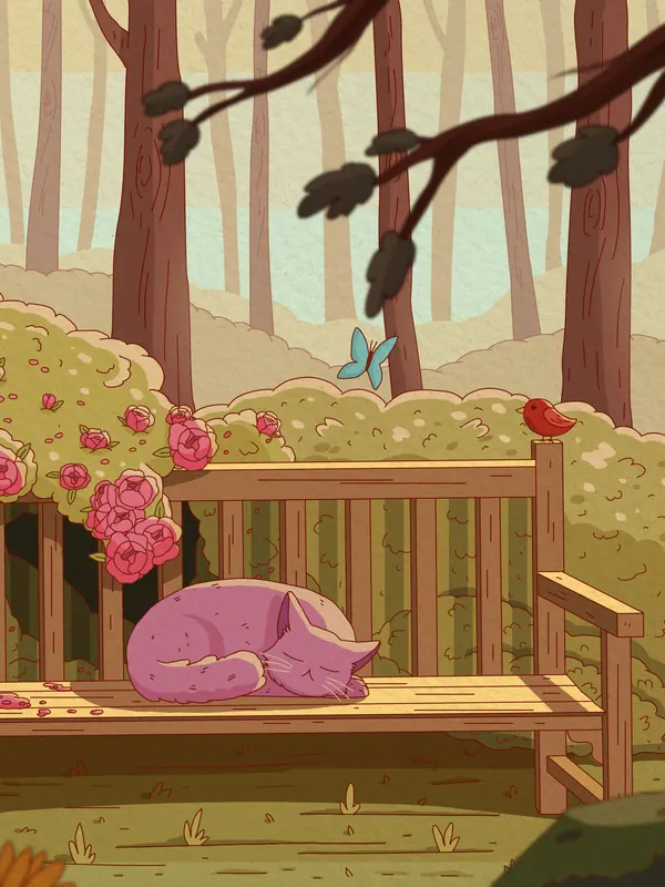 Bloom lofi phone wallpaper by Purrple Cat: a pink cat naps on a wooden garden bench under roses, sunflowers and birch trees, with butterflies and a robin