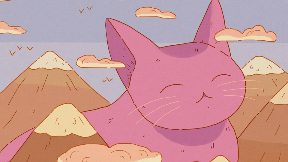 Brain Fog lofi desktop wallpaper by Purrple Cat: a huge pink cat rests among pastel mountains and puffy clouds, with birds drifting by