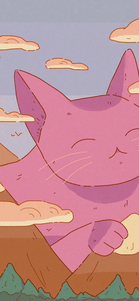 Brain Fog lofi phone wallpaper by Purrple Cat: a huge pink cat rests among pastel mountains and puffy clouds, with birds drifting by