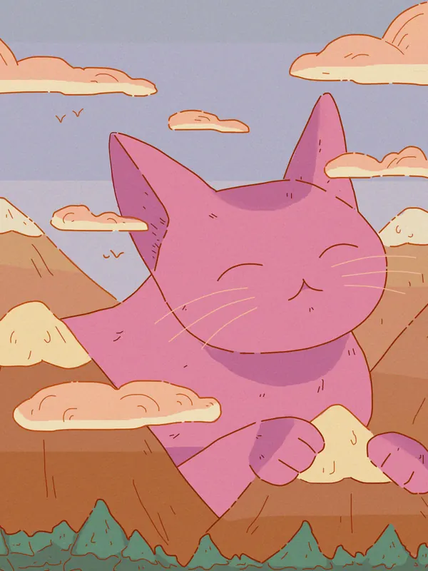 Brain Fog lofi phone wallpaper by Purrple Cat: a huge pink cat rests among pastel mountains and puffy clouds, with birds drifting by