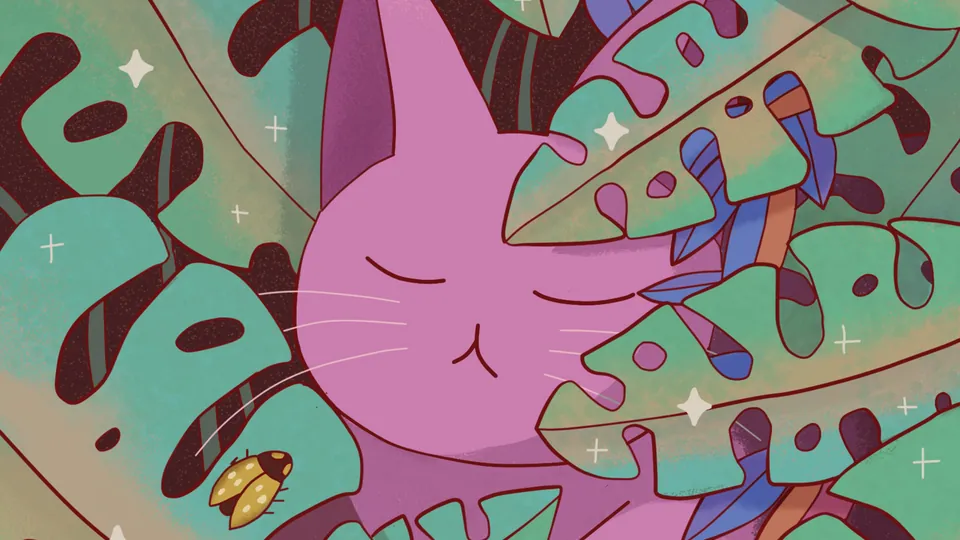 Cat Nap lofi desktop wallpaper by Purrple Cat: a pink cat dozes among big monstera leaves, sparkles and a little golden beetle