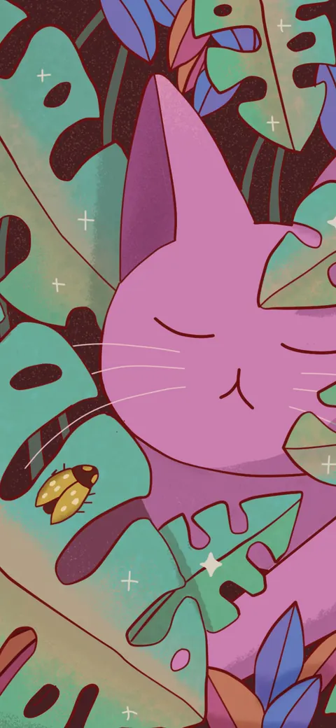 Cat Nap lofi phone wallpaper by Purrple Cat: a pink cat dozes among big monstera leaves, sparkles and a little golden beetle