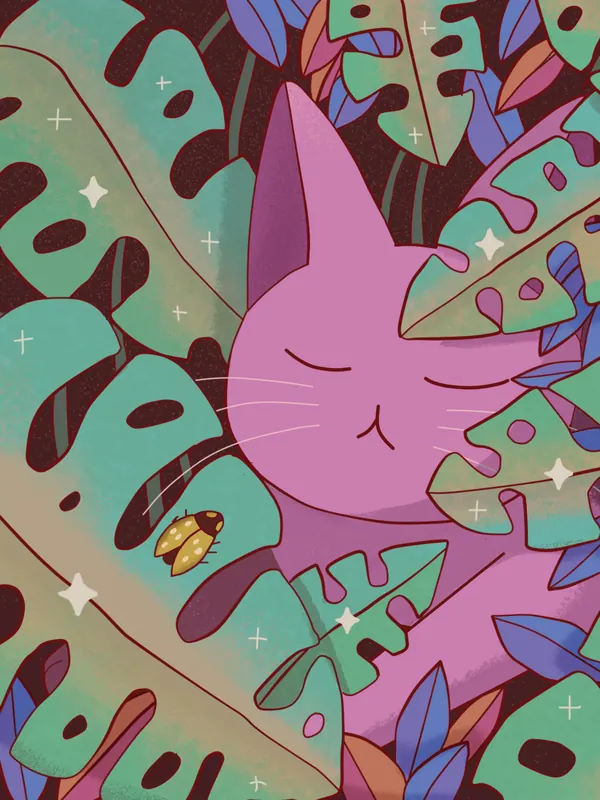 Cat Nap lofi phone wallpaper by Purrple Cat: a pink cat dozes among big monstera leaves, sparkles and a little golden beetle