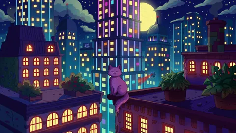City Nights 2 lofi phone wallpaper by Purrple Cat: a cat sits on a balcony ledge among neon skyscrapers and lit windows under a big yellow moon