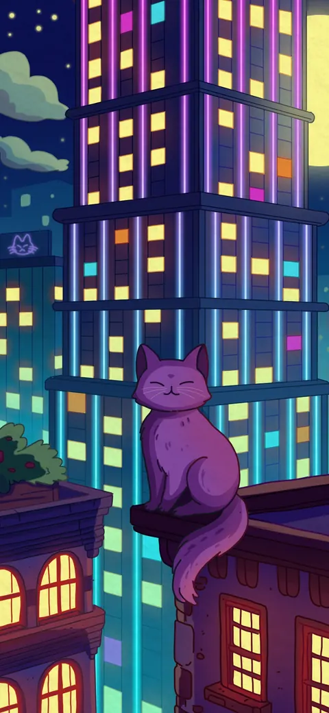 City Nights 2 lofi phone wallpaper by Purrple Cat: a cat sits on a balcony ledge among neon skyscrapers and lit windows under a big yellow moon