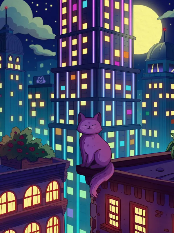City Nights 2 lofi phone wallpaper by Purrple Cat: a cat sits on a balcony ledge among neon skyscrapers and lit windows under a big yellow moon