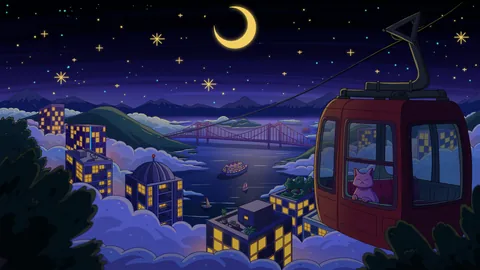 City Nights 3 lofi phone wallpaper by Purrple Cat: a cat rides a red cable car over a glowing city and low clouds under a crescent moon