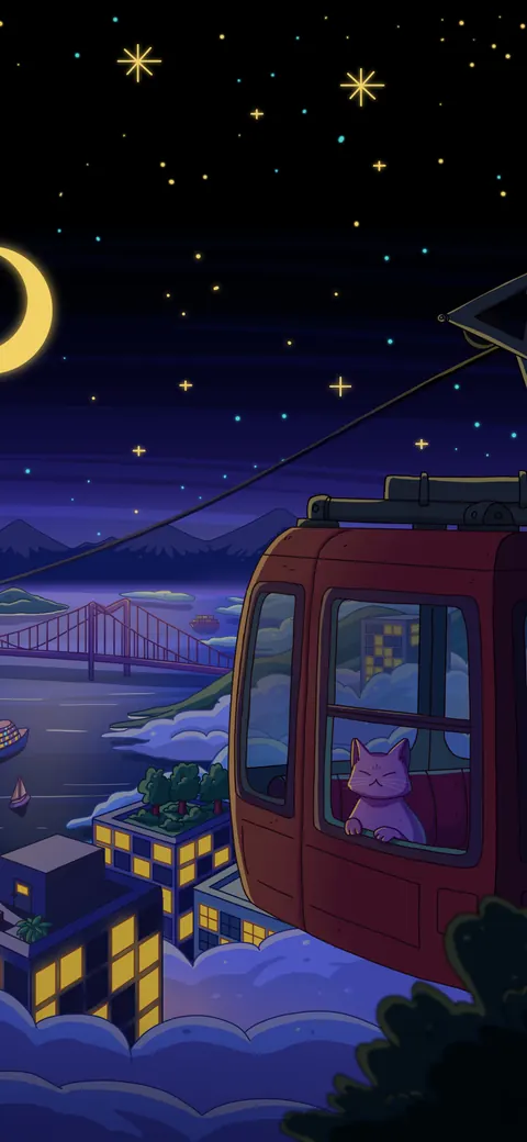 City Nights 3 lofi phone wallpaper by Purrple Cat: a cat rides a red cable car over a glowing city and low clouds under a crescent moon