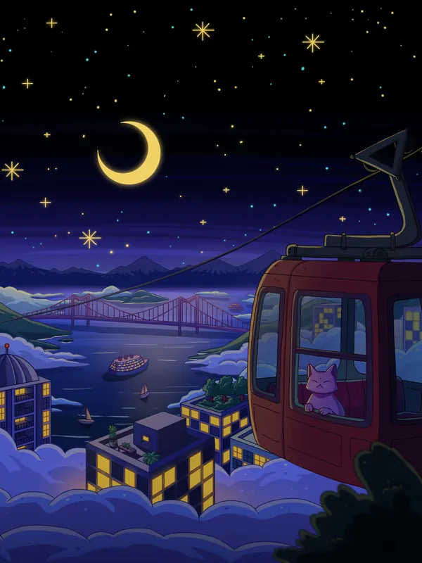 City Nights 3 lofi phone wallpaper by Purrple Cat: a cat rides a red cable car over a glowing city and low clouds under a crescent moon