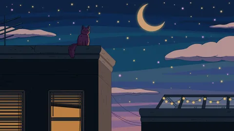 City Nights lofi phone wallpaper by Purrple Cat: a cat sits on a rooftop under a crescent moon, warm windows and string lights glowing below