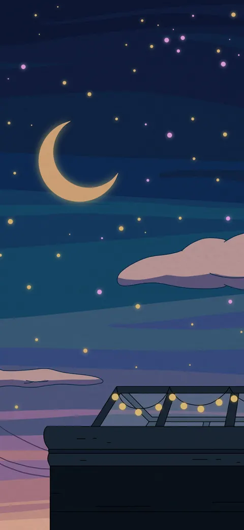 City Nights lofi phone wallpaper by Purrple Cat: a cat sits on a rooftop under a crescent moon, warm windows and string lights glowing below