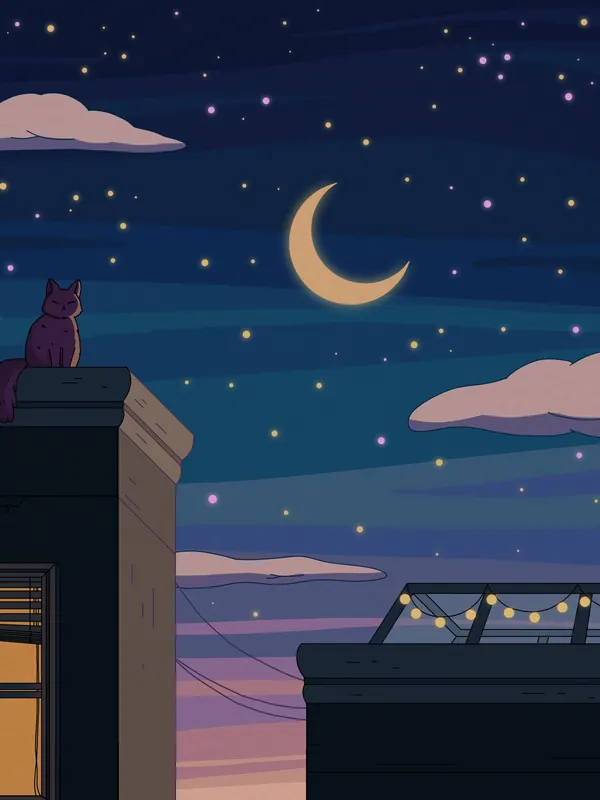 City Nights lofi phone wallpaper by Purrple Cat: a cat sits on a rooftop under a crescent moon, warm windows and string lights glowing below