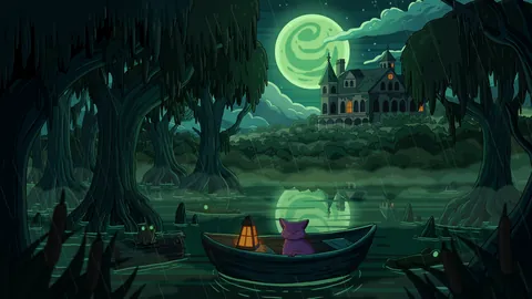 Cypress Manor lofi phone wallpaper by Purrple Cat: a cat rows a lantern-lit boat across a misty swamp under a green moon, a dark manor among the cypress trees