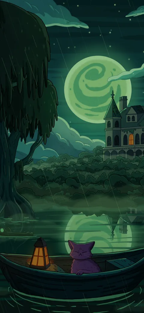 Cypress Manor lofi phone wallpaper by Purrple Cat: a cat rows a lantern-lit boat across a misty swamp under a green moon, a dark manor among the cypress trees