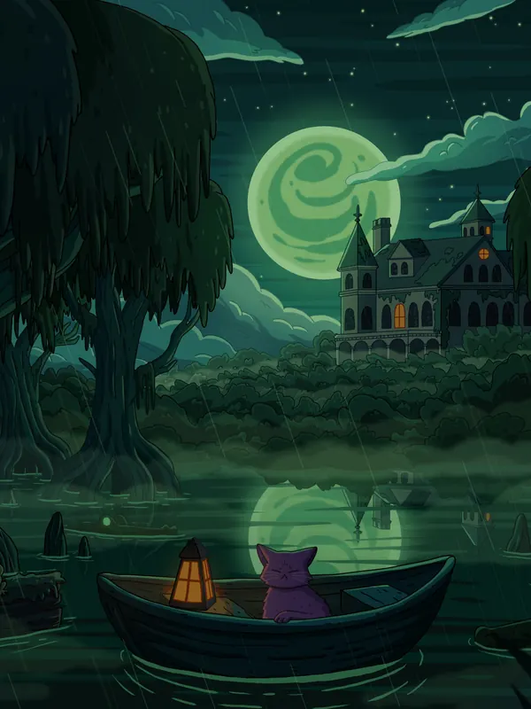 Cypress Manor lofi phone wallpaper by Purrple Cat: a cat rows a lantern-lit boat across a misty swamp under a green moon, a dark manor among the cypress trees