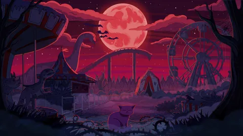 Dino Land lofi phone wallpaper by Purrple Cat: a red moon over an abandoned dinosaur theme park, its roller coaster and Ferris wheel in silhouette
