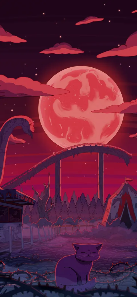 Dino Land lofi phone wallpaper by Purrple Cat: a red moon over an abandoned dinosaur theme park, its roller coaster and Ferris wheel in silhouette