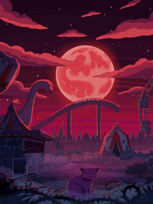 Dino Land lofi phone wallpaper by Purrple Cat: a red moon over an abandoned dinosaur theme park, its roller coaster and Ferris wheel in silhouette
