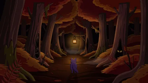 Endless Forest lofi phone wallpaper by Purrple Cat: a cat walks into a deep autumn forest towards a single lantern hanging from the branches