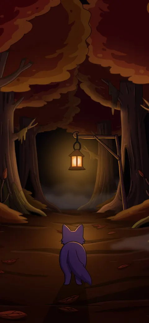Endless Forest lofi phone wallpaper by Purrple Cat: a cat walks into a deep autumn forest towards a single lantern hanging from the branches