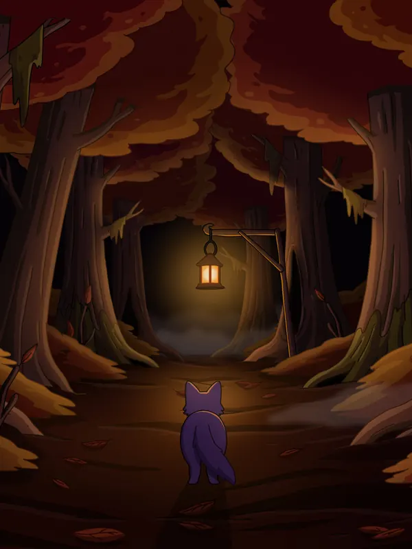 Endless Forest lofi tablet wallpaper by Purrple Cat: a cat walks into a deep autumn forest towards a single lantern hanging from the branches
