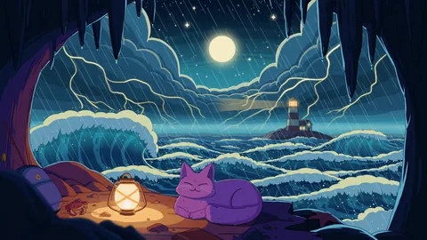 Eye of the Storm lofi phone wallpaper by Purrple Cat: a cat curls up by a lantern in a calm pocket of a stormy sea, giant waves and a lighthouse around it