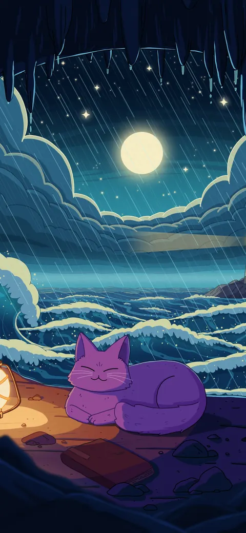Eye of the Storm lofi phone wallpaper by Purrple Cat: a cat curls up by a lantern in a calm pocket of a stormy sea, giant waves and a lighthouse around it