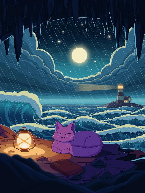 Eye of the Storm lofi phone wallpaper by Purrple Cat: a cat curls up by a lantern in a calm pocket of a stormy sea, giant waves and a lighthouse around it