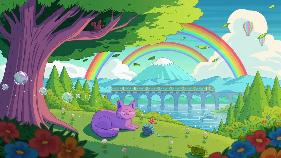 Happy Place lofi desktop wallpaper by Purrple Cat: a cat naps on a grassy hill under a big tree, two rainbows over a lake, a bridge and a snowy mountain