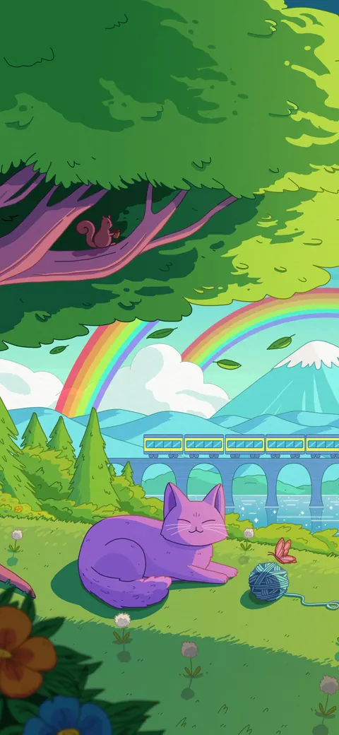 Happy Place lofi phone wallpaper by Purrple Cat: a cat naps on a grassy hill under a big tree, two rainbows over a lake, a bridge and a snowy mountain