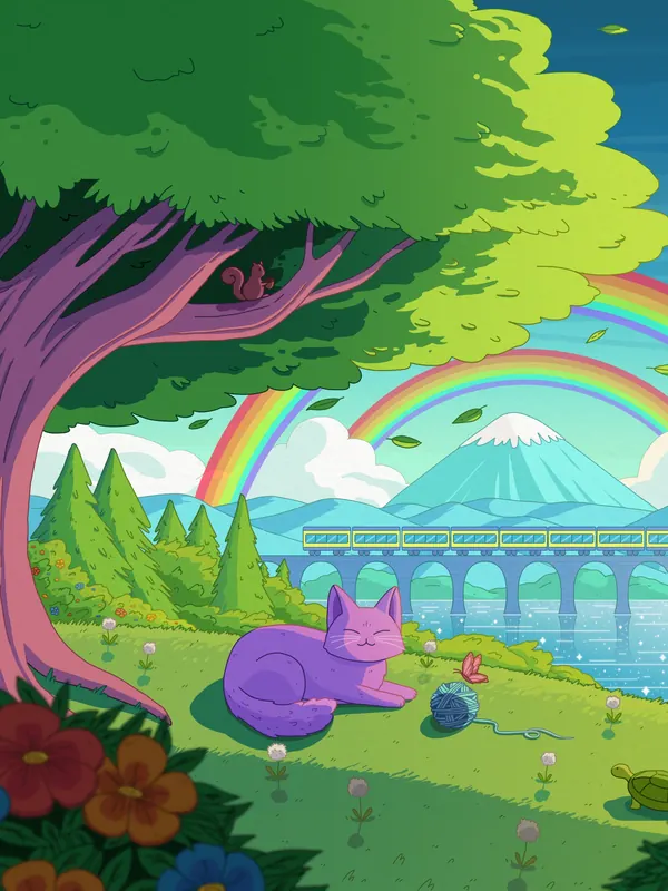 Happy Place lofi phone wallpaper by Purrple Cat: a cat naps on a grassy hill under a big tree, two rainbows over a lake, a bridge and a snowy mountain