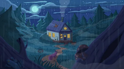 House in the Woods lofi phone wallpaper by Purrple Cat: rain falls on a little house with warm windows in a pine forest, a cat walking up the path