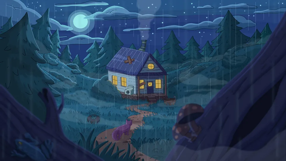 House in the Woods lofi desktop wallpaper by Purrple Cat: rain falls on a little house with warm windows in a pine forest, a cat walking up the path