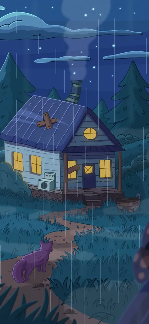 House in the Woods lofi phone wallpaper by Purrple Cat: rain falls on a little house with warm windows in a pine forest, a cat walking up the path
