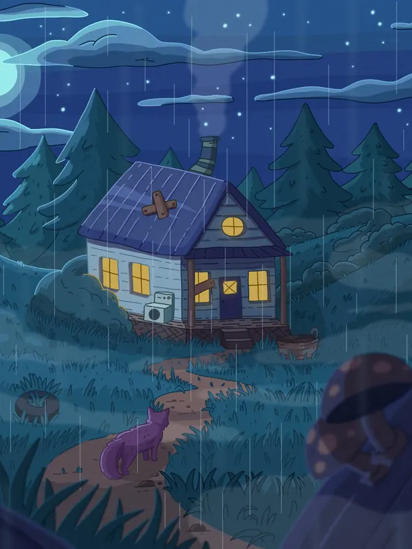 House in the Woods lofi phone wallpaper by Purrple Cat: rain falls on a little house with warm windows in a pine forest, a cat walking up the path