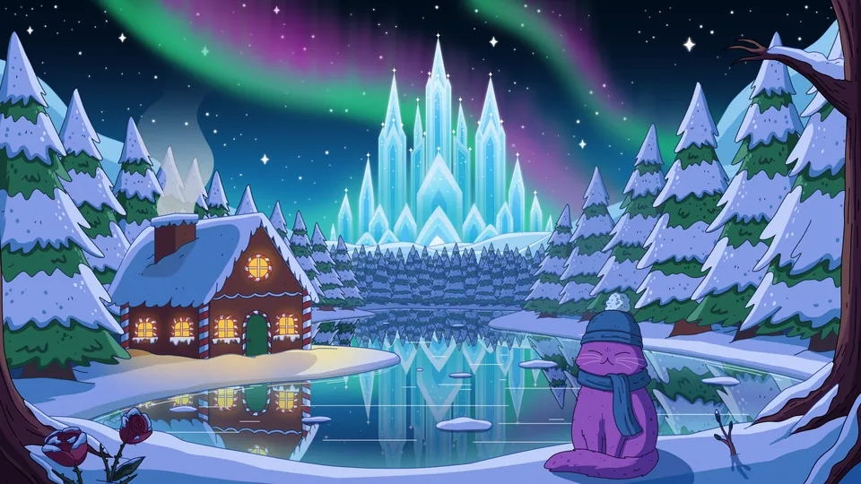 Ice Palace lofi desktop wallpaper by Purrple Cat: green northern lights over an ice palace and a frozen lake, a cat in a scarf by a snowy cabin