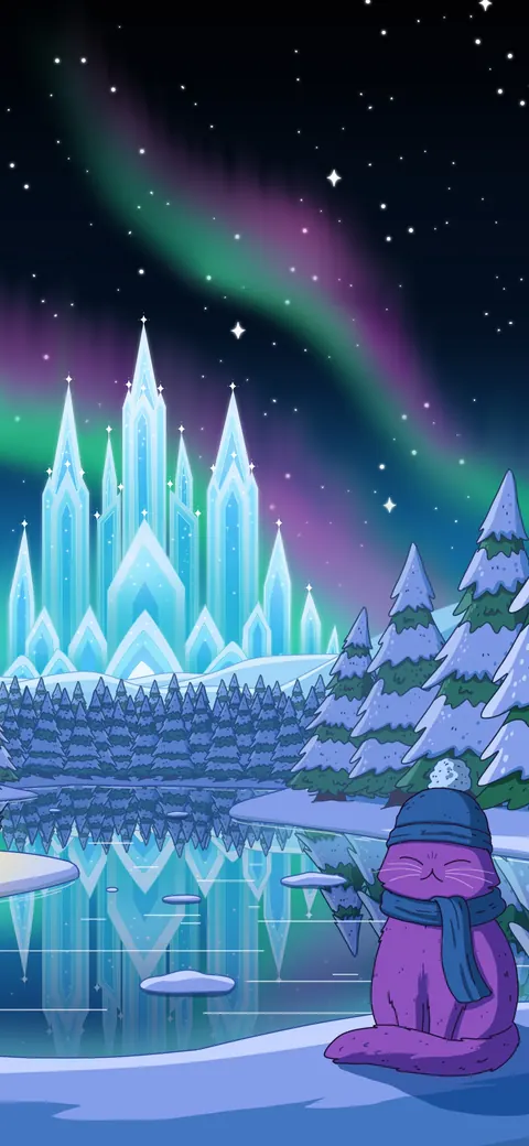 Ice Palace lofi phone wallpaper by Purrple Cat: green northern lights over an ice palace and a frozen lake, a cat in a scarf by a snowy cabin