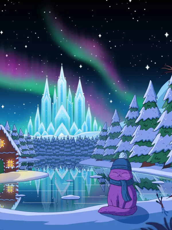 Ice Palace lofi phone wallpaper by Purrple Cat: green northern lights over an ice palace and a frozen lake, a cat in a scarf by a snowy cabin