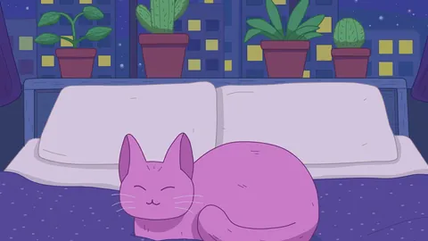 Indigo Dreams lofi phone wallpaper by Purrple Cat: a pink cat sleeps on a white bed under a window full of cacti and lit-up city windows at night