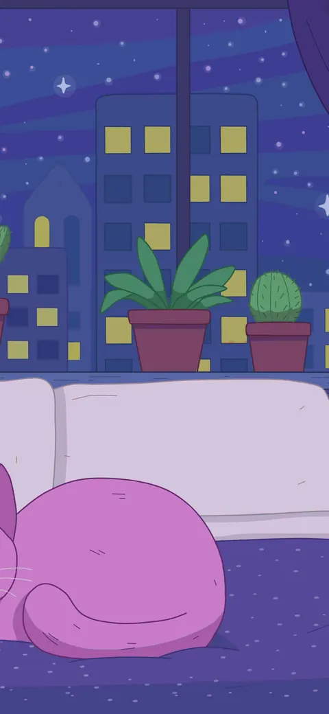 Indigo Dreams lofi phone wallpaper by Purrple Cat: a pink cat sleeps on a white bed under a window full of cacti and lit-up city windows at night