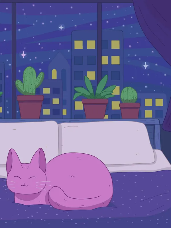 Indigo Dreams lofi phone wallpaper by Purrple Cat: a pink cat sleeps on a white bed under a window full of cacti and lit-up city windows at night