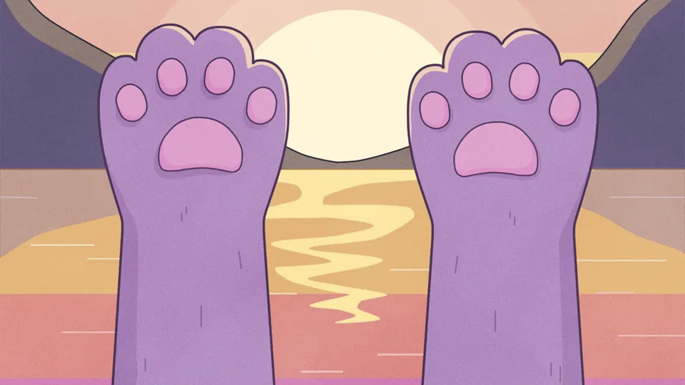 Just Relax lofi desktop wallpaper by Purrple Cat: two pink paws stretch up towards a big pastel sun setting over the sea